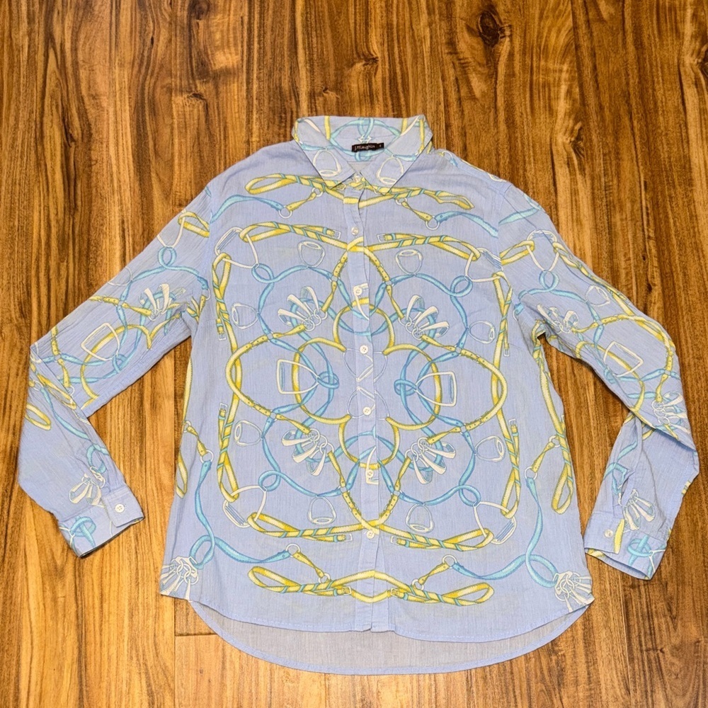 J McLaughlin women 8 medium button up shirt Blue equestrian print gauze light